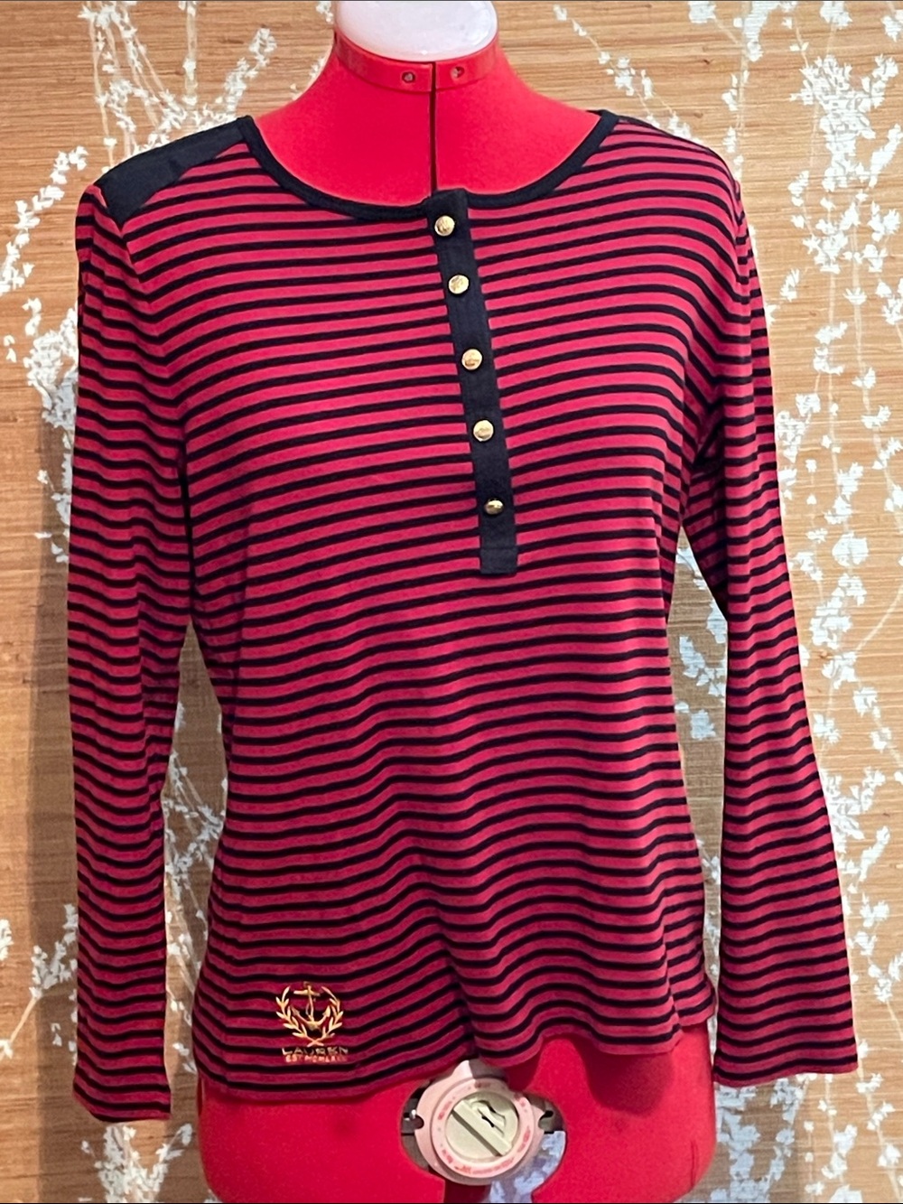 Lauren Ralph Lauren Red & Black Striped Long Sleeve Henley with Gold Buttons